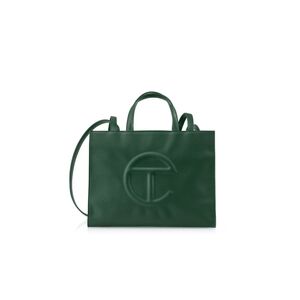Telfar Dark Green Leather Shopping Tote with Embossed Logo